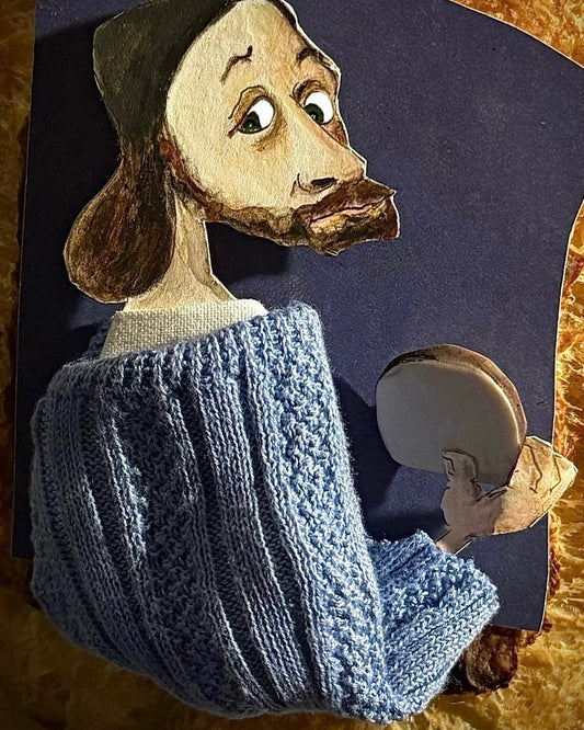 Man with a Quilted Sleeve Eating Bread